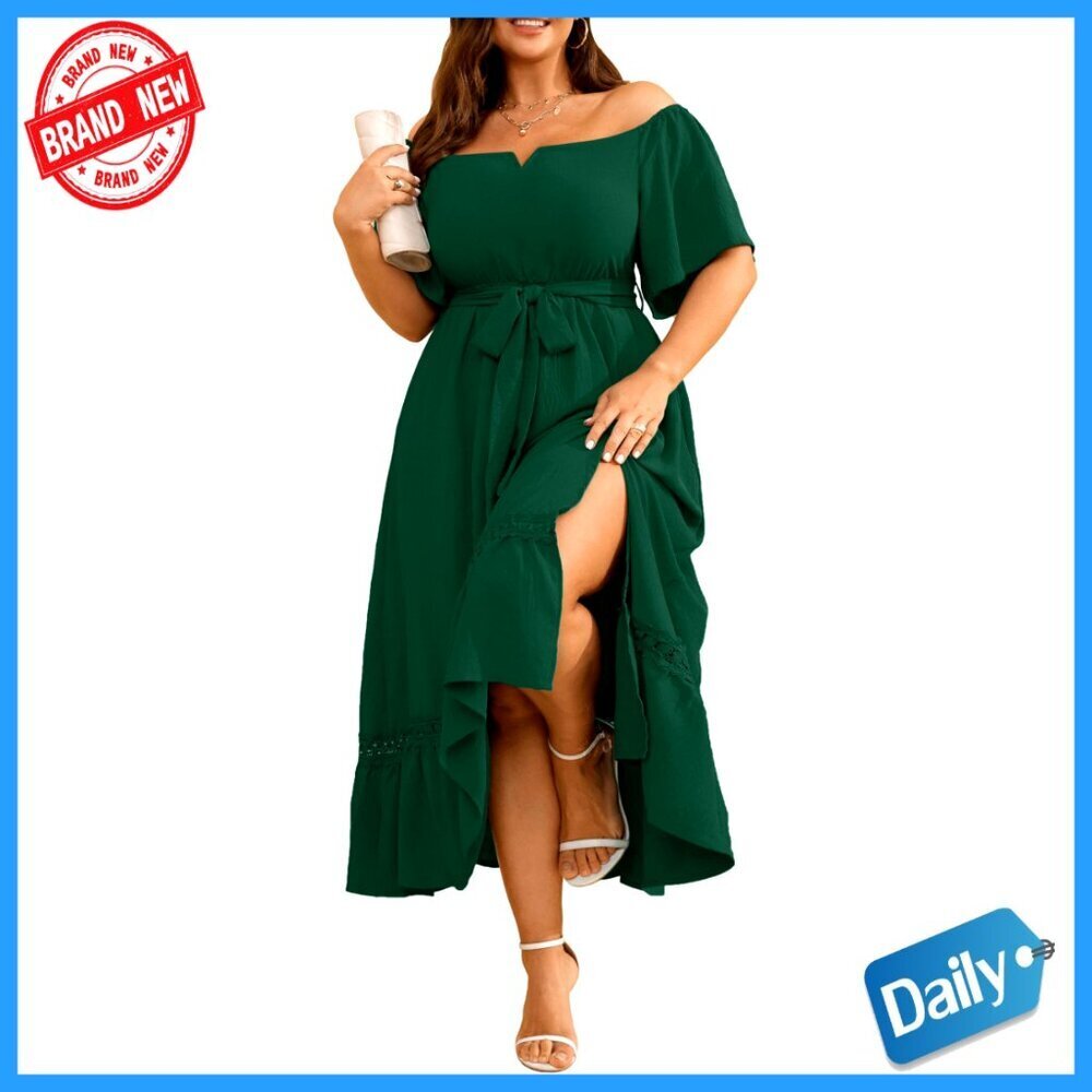 Plus Size V-Neck Off Shoulder Maxi Dress with Belt Formal Wedding Guest